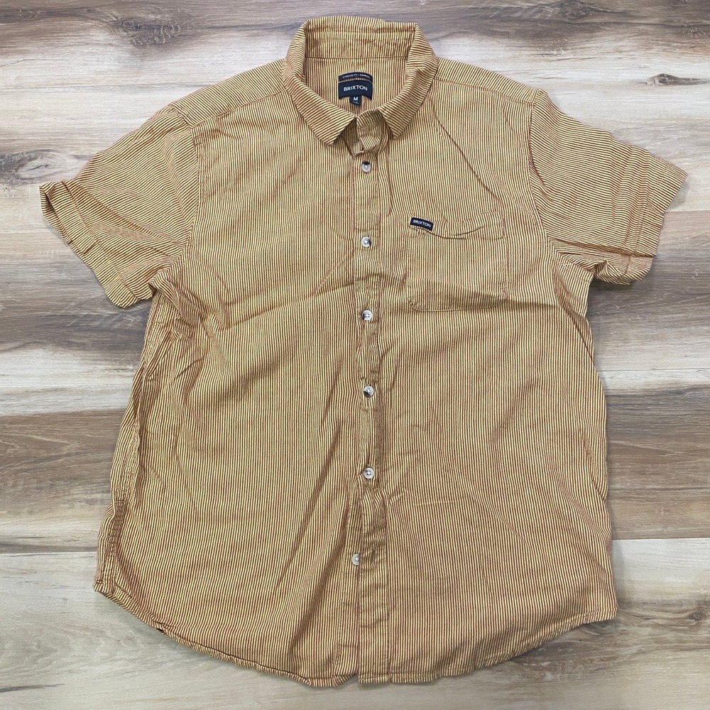 Brixton Charter Shirt Size M Short Sleeve Button Up Cotton Rayon Striped Yellow
